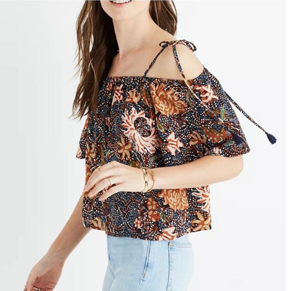 Madewell Silk Top Sea Floral Cold Shoulder Tassel Off Shoulder Tie Shirt Size XS